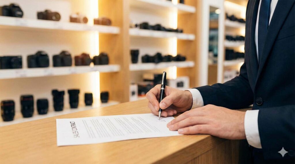 兩隻手在櫃台上簽署文件（買賣合約），背景是模糊的相機店內部，象徵正規交易與法律保障 / Close up of hands signing a document (sales contract) on a counter, blurred camera store background, symbolizing formal transaction and legal protection.